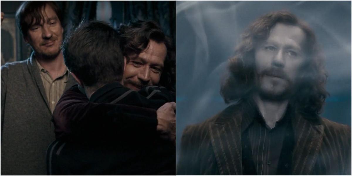 Harry abraçando Sirius Black na presença de Remus Lupin e Black é jogado para trás em um véu.