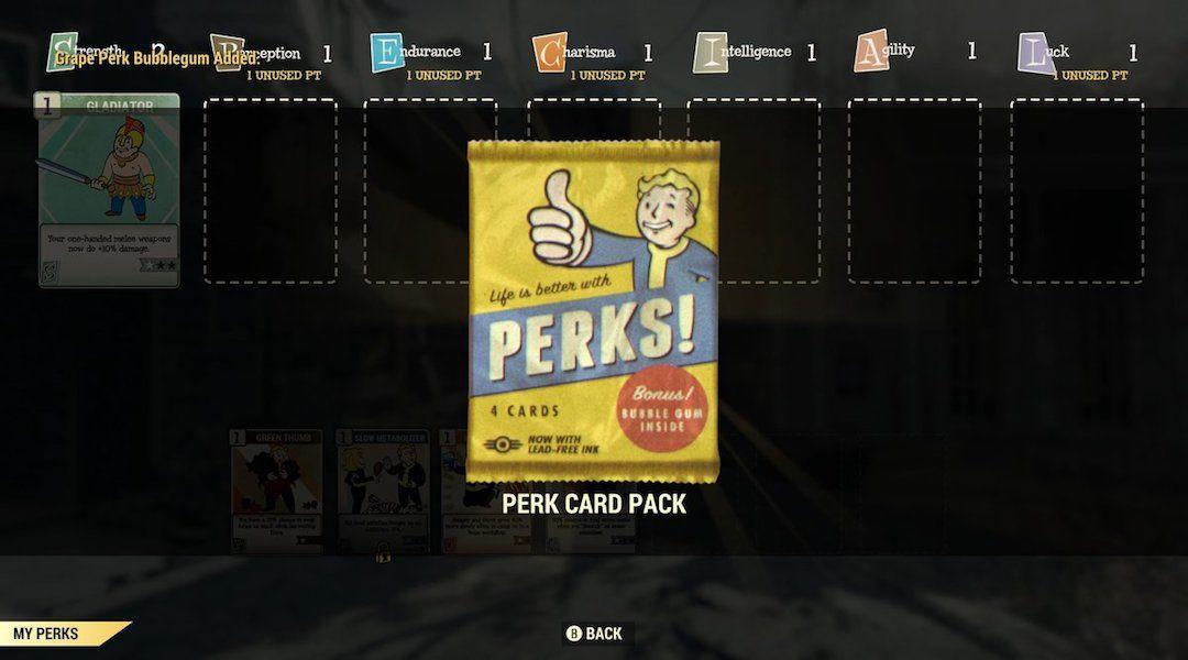 Fallout 76 pacotes de cartas de vantagens pagam para ganhar