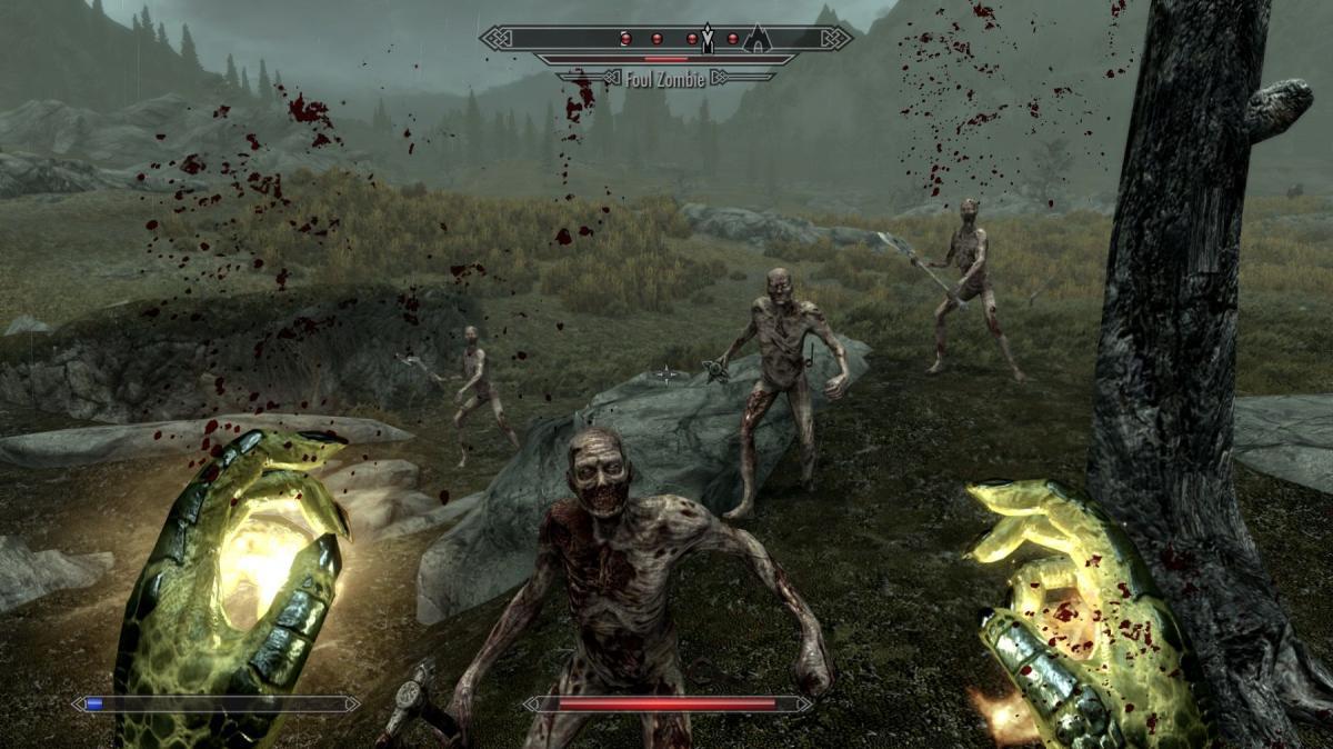 Imagem de um mod de Skyrim mostrando o jogador sendo atacado por hordas de zumbis.