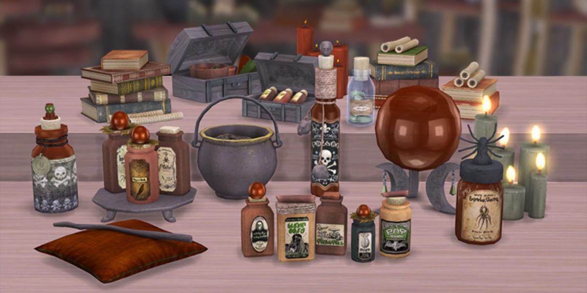 Garrafas de poções, um caldeirão e outros itens mágicos para The Sims 4