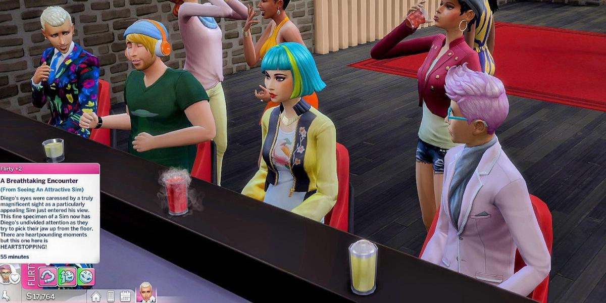 The Sims 4: Lounge em Del Sol Valley, Diego olhando para Vanessa com moodlet de atração