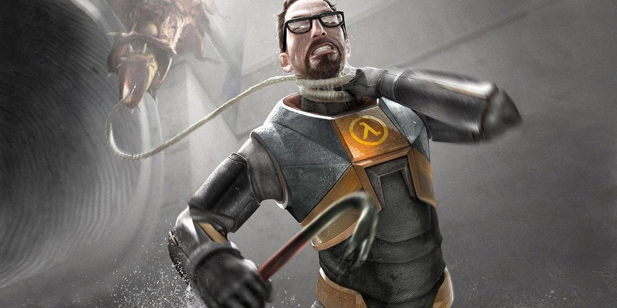 Imagem de Half-Life 2 mostrando Gordon Freeman sendo estrangulado por uma craca.