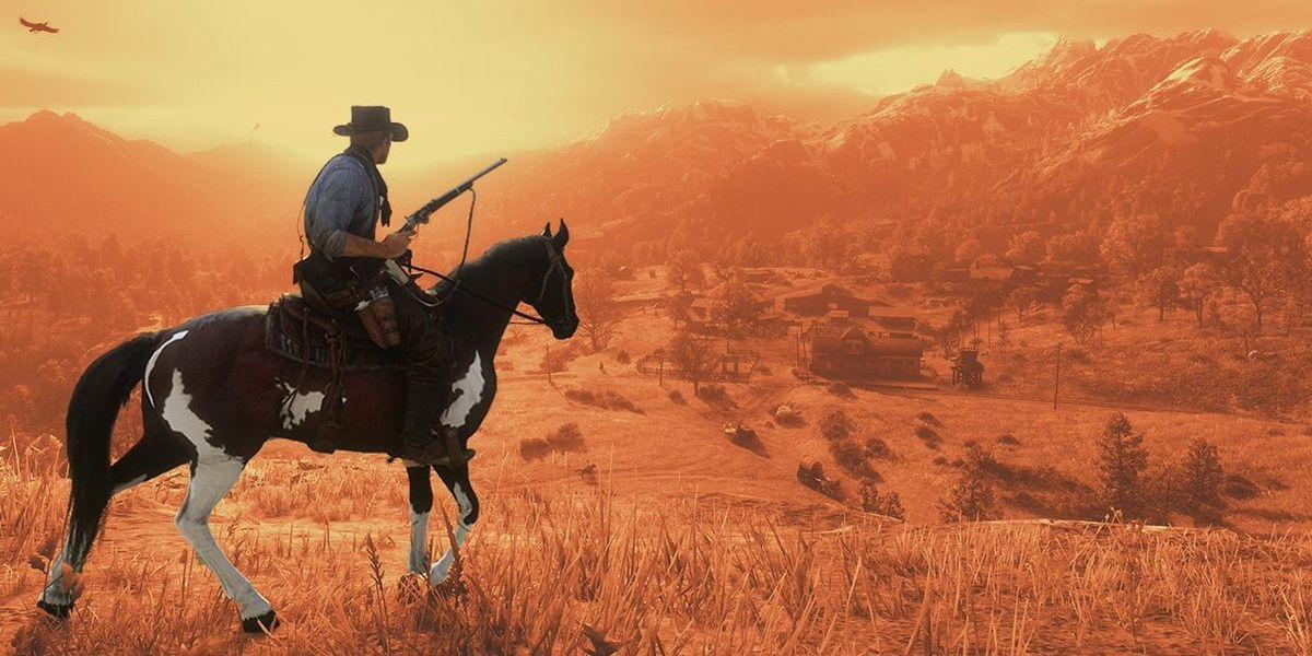 Red Dead Redemption 2 Arthur em um cavalo no modo de câmera cinematográfica