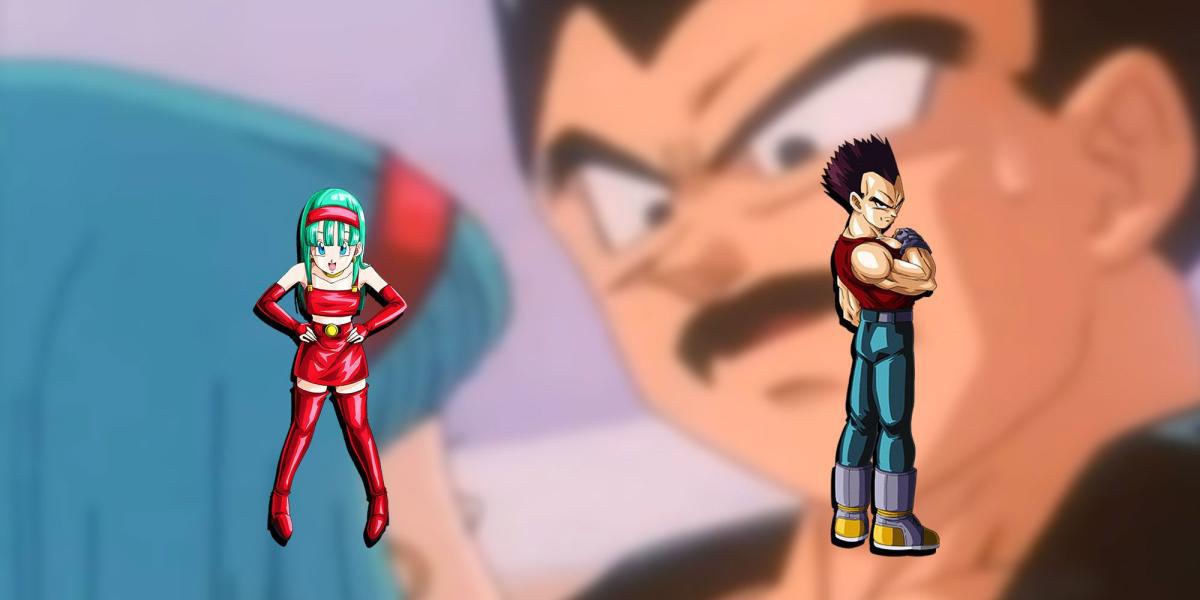 Dragon Ball - Bulla tirando sarro do bigode de Vegeta com PNGs de ambos os personagens no topo