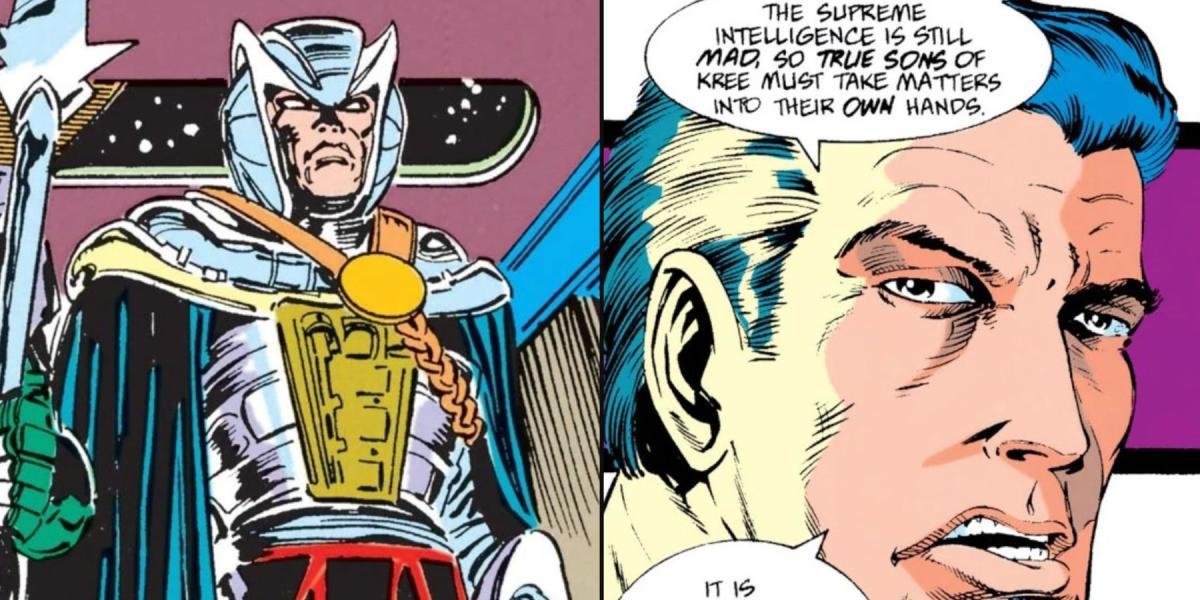 Uma imagem dividida apresenta Dar-Benn na armadura Kree e um close do rosto de Dar-Benn na Marvel Comics