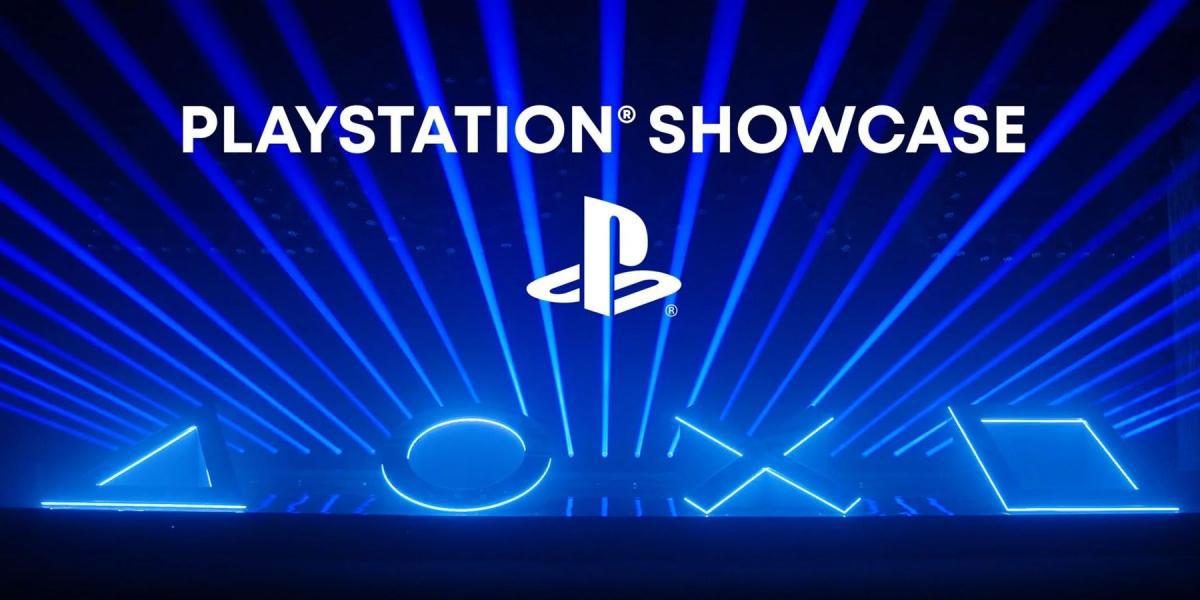 Uma imagem promocional para o próximo PlayStation Showcase, apresentando as palavras 'PlayStation Showcase' e o logotipo do PlayStation sobre os quatro símbolos de botão do PlayStation brilhando em azul.