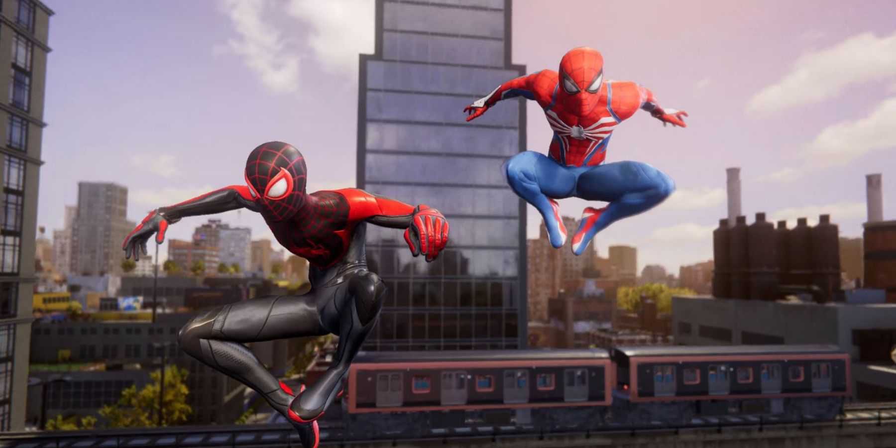 Miles Morales and Peter Parker swinging in action