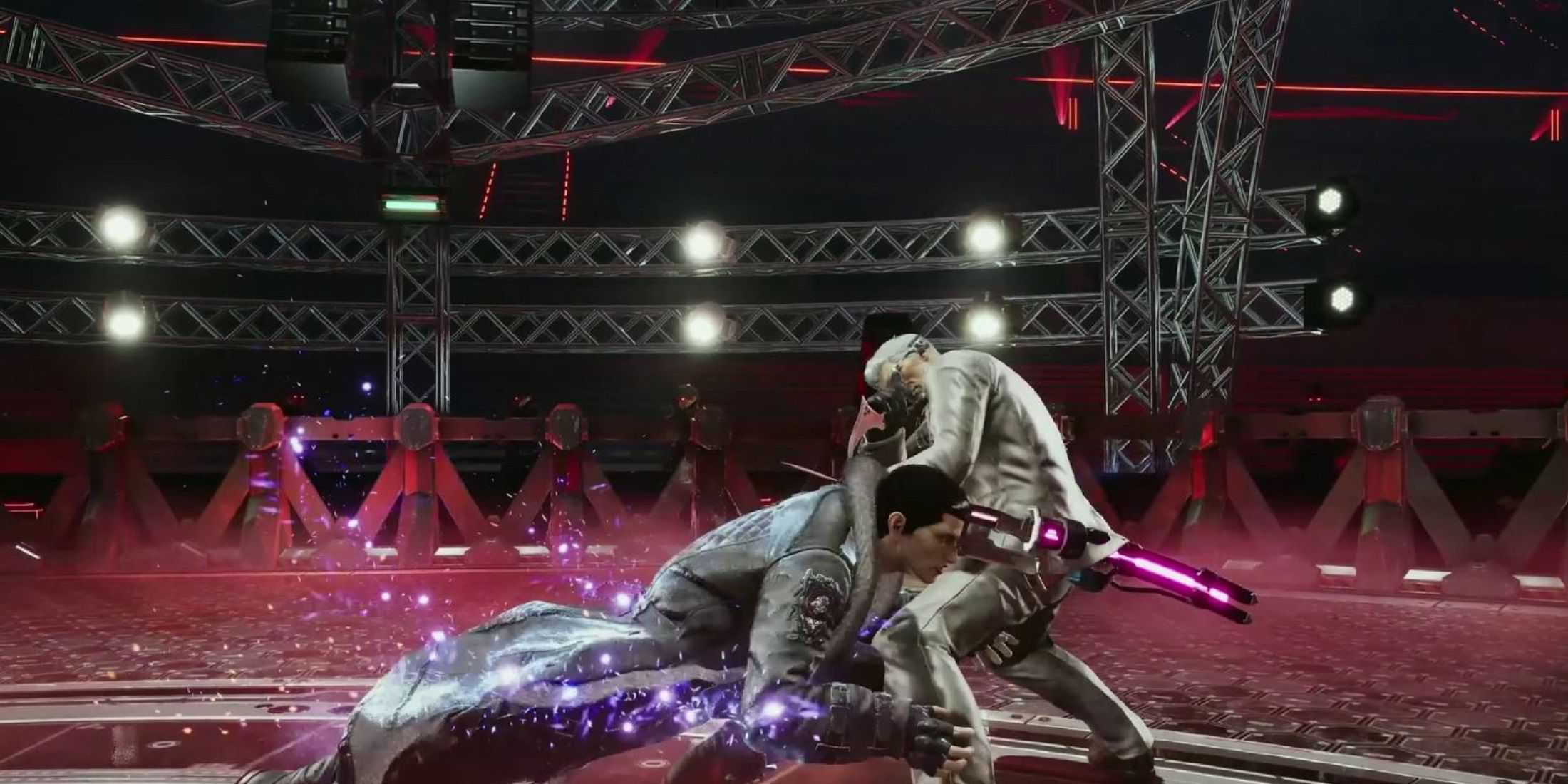 Sergei Dragunov from Tekken 8 executing a swift low attack against an opponent in a high-tech arena.