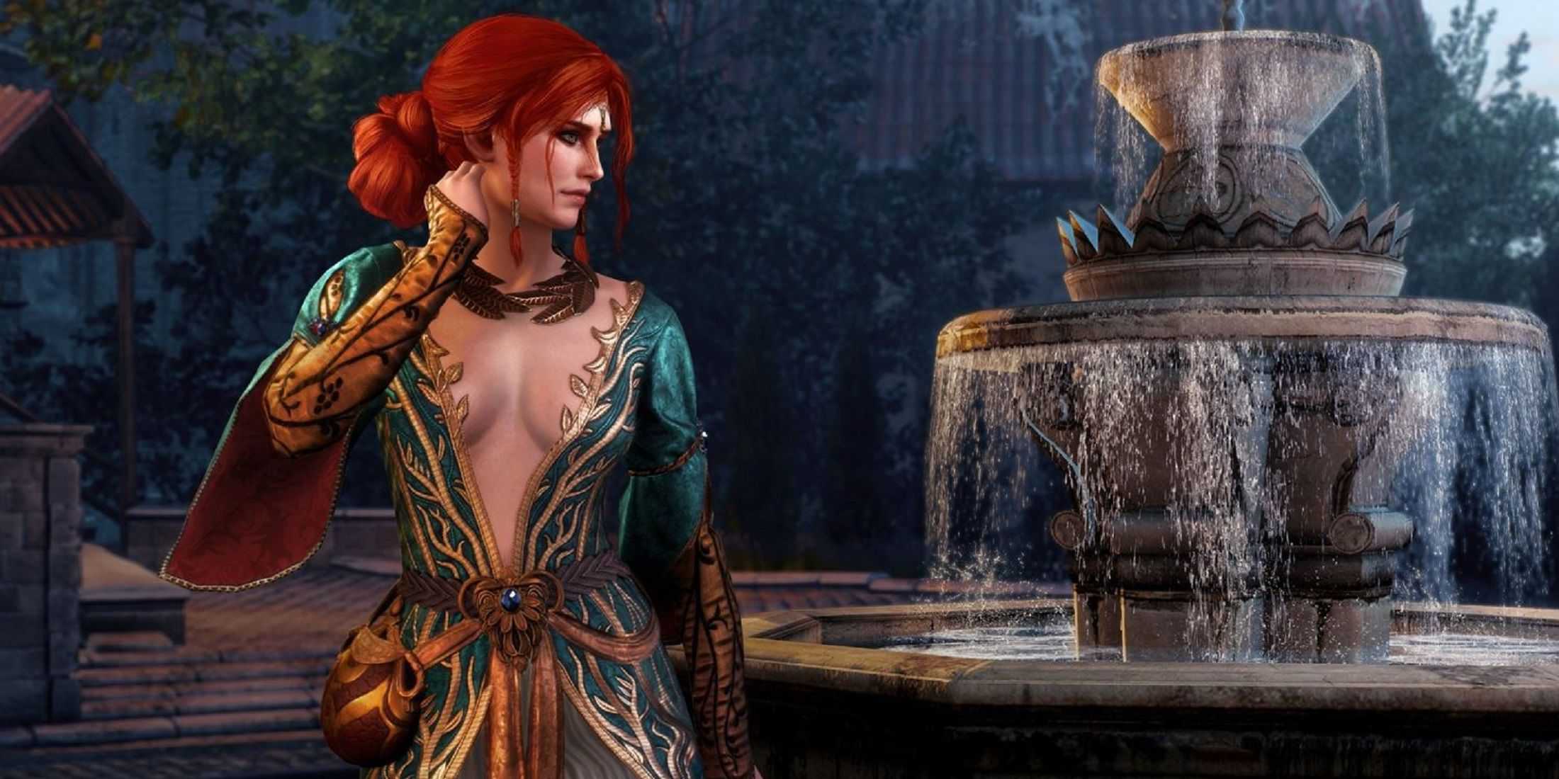 Triss Merigold standing gracefully by a fountain in The Witcher 3: Wild Hunt, her vibrant red hair and elegant attire capturing attention.