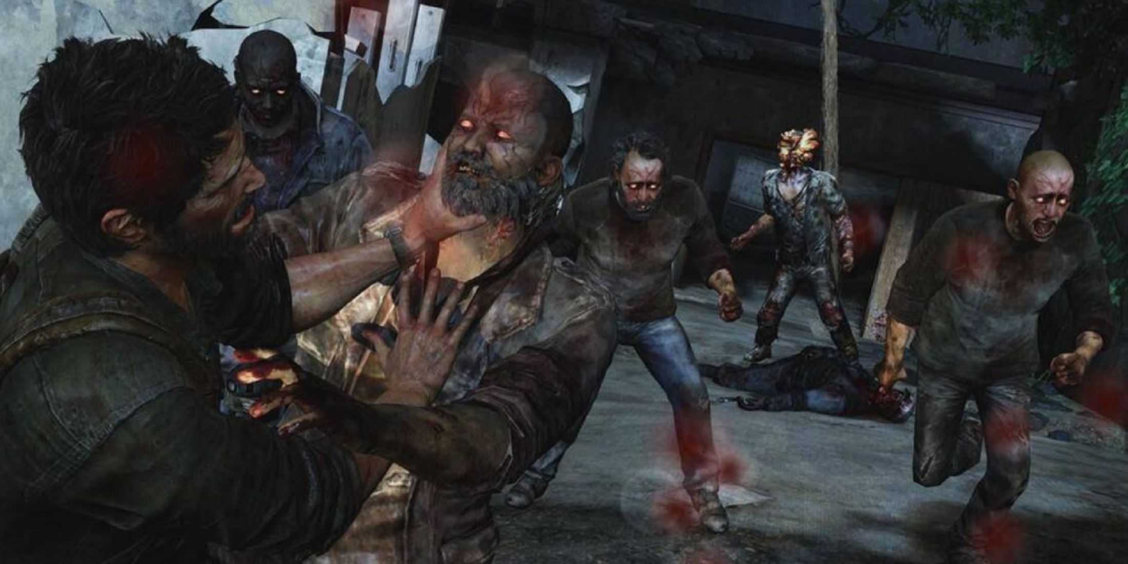 Joel struggles to fend off a swarm of infected, including Clickers and Runners, in an intense combat scene from The Last of Us.