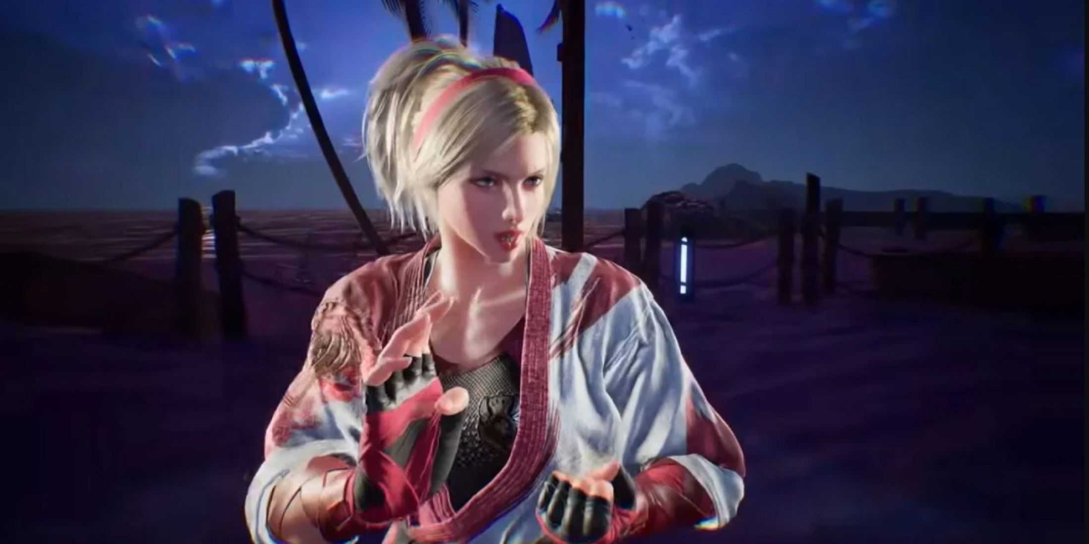 Lidia Sobieska from Tekken 8 adopts a defensive stance during a nighttime beach scene