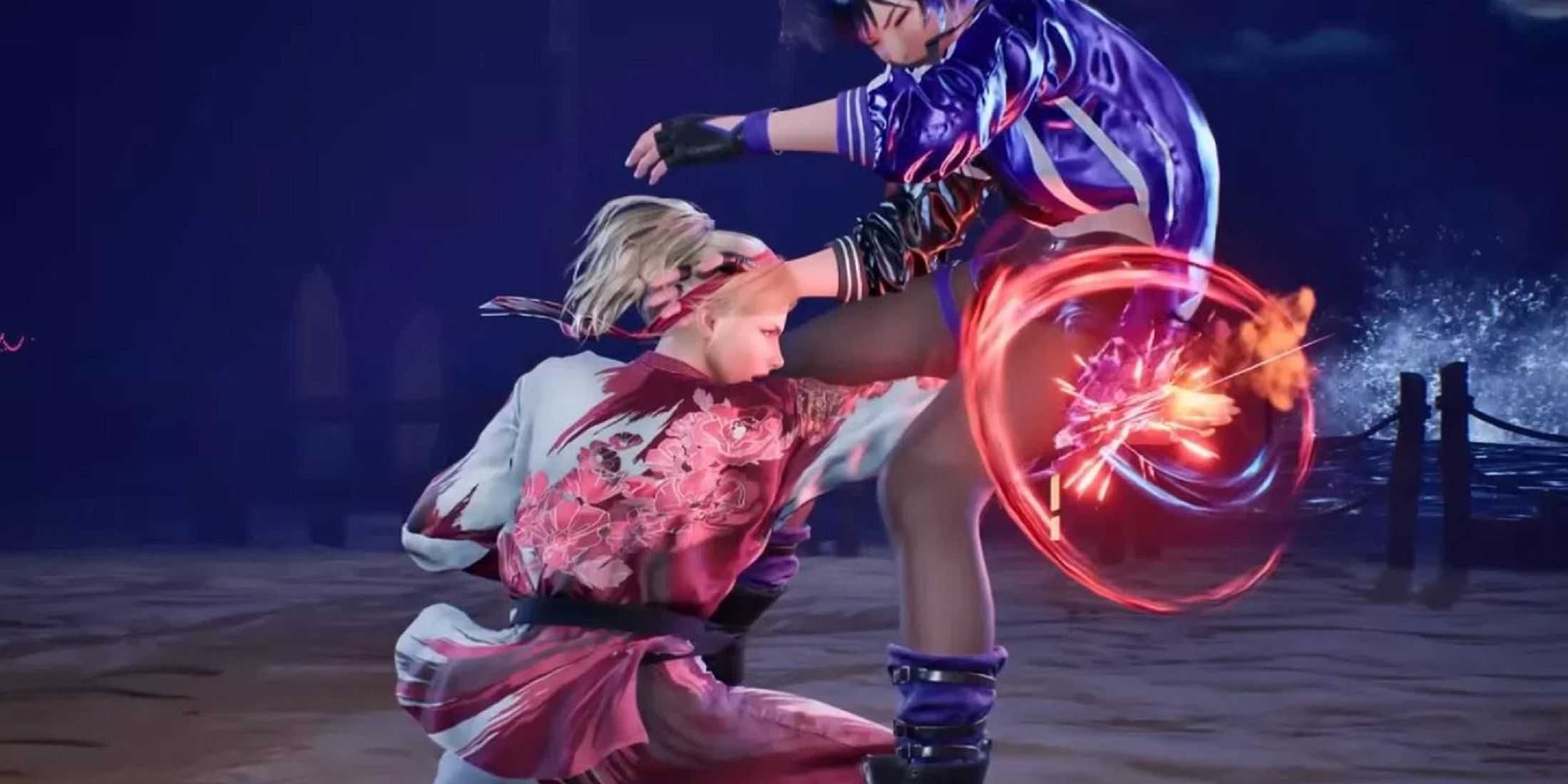 Lidia Sobieska from Tekken 8 delivers a fierce uppercut to an opponent during a nighttime beach fight