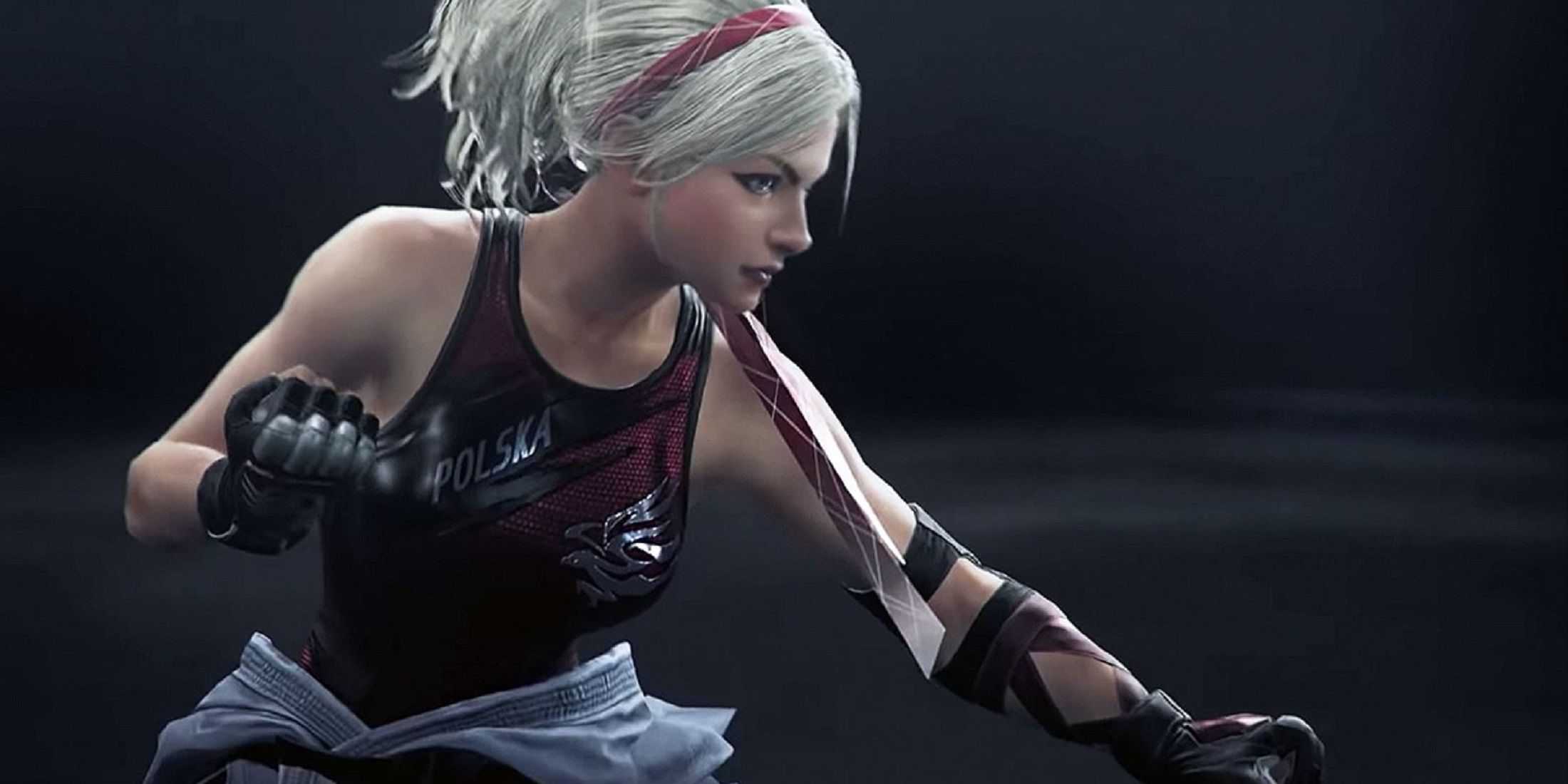 Lidia Sobieska from Tekken 7 in a combat-ready stance, wearing a red and black outfit with a 'POLSKA' insignia