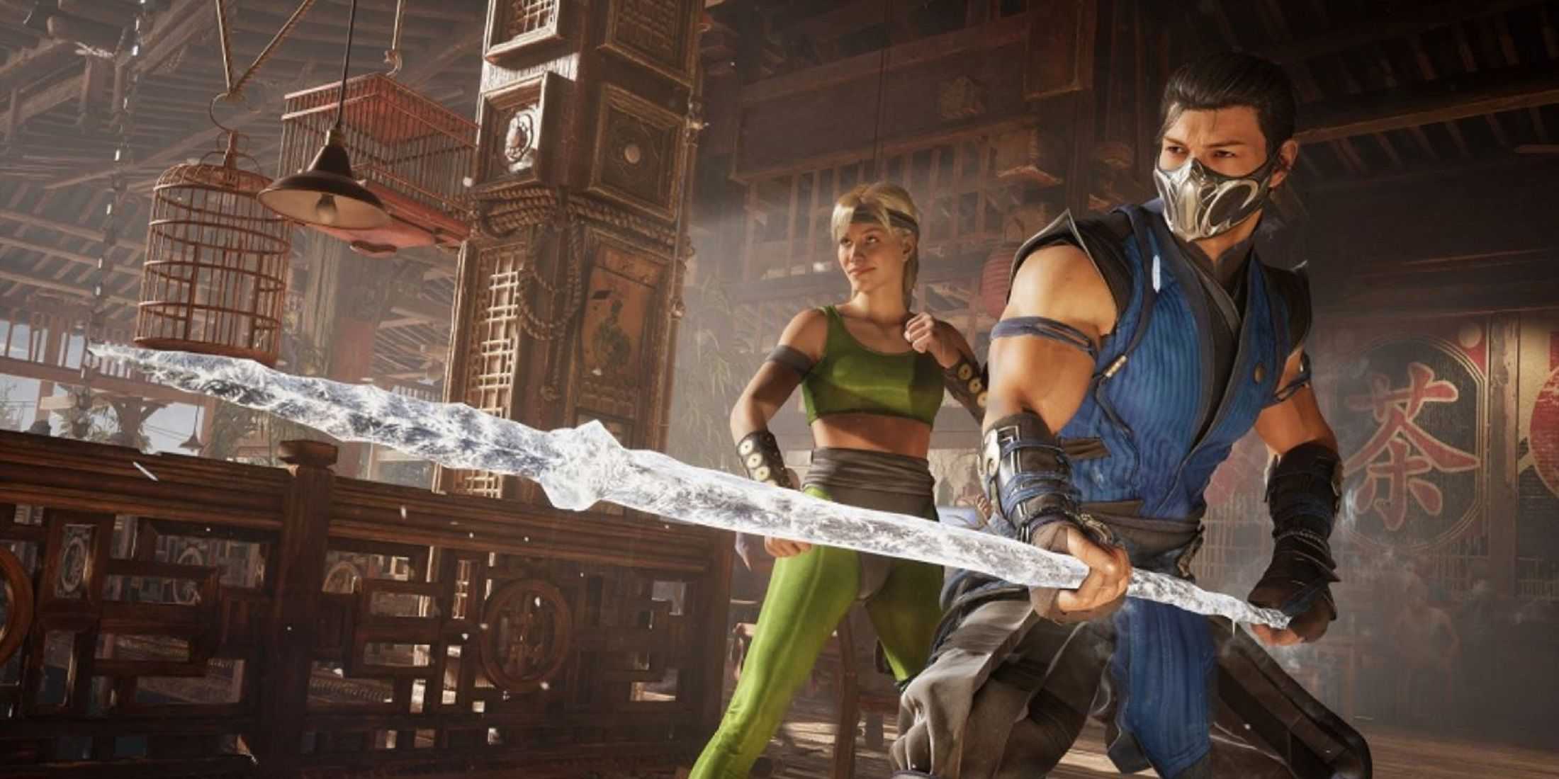 Sub-Zero in action, wielding his iconic ice spear, alongside Sonya Blade in a dynamic battle scene from Mortal Kombat 1.