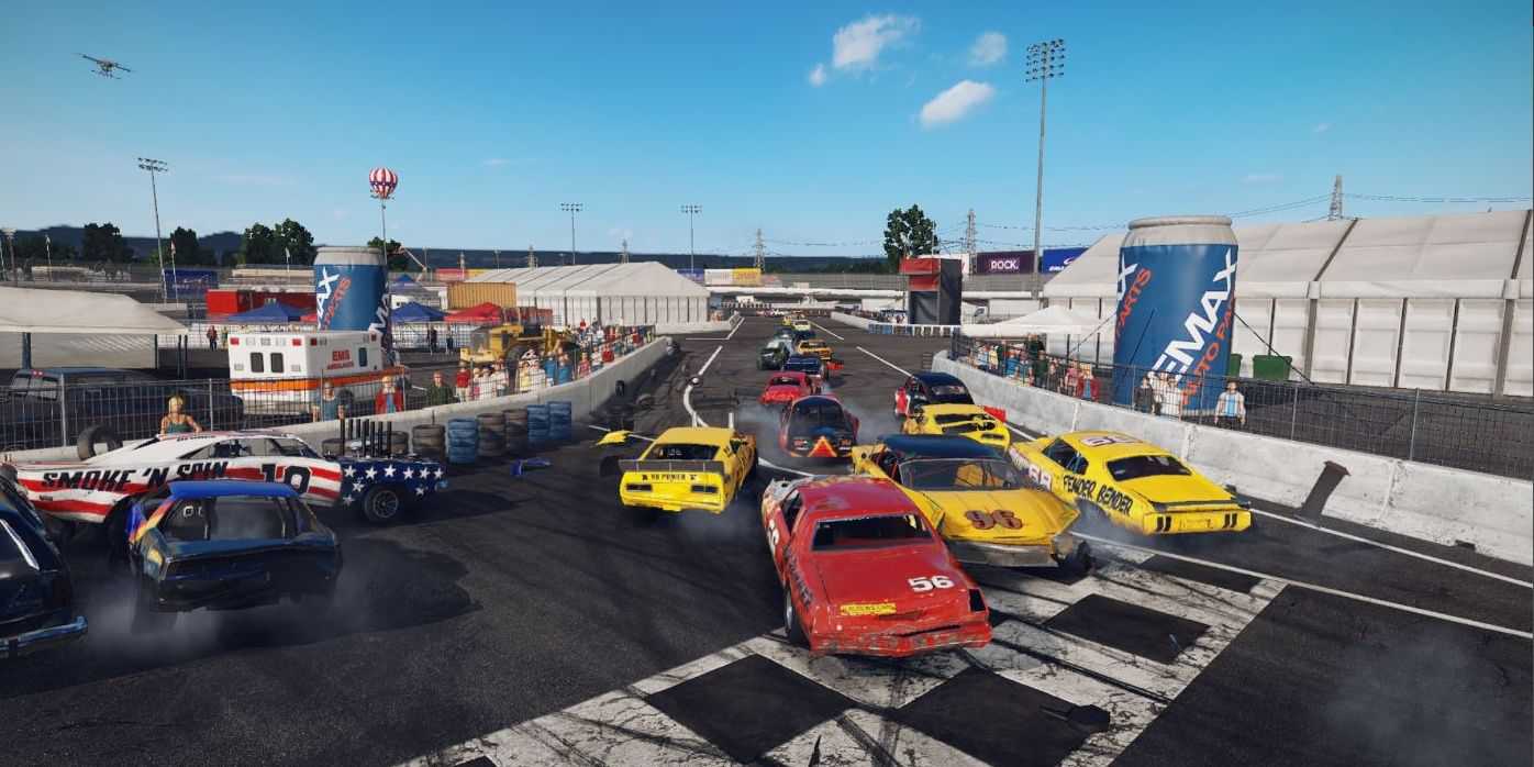 Cars merging and crashing into each other on a track in Wreckfest