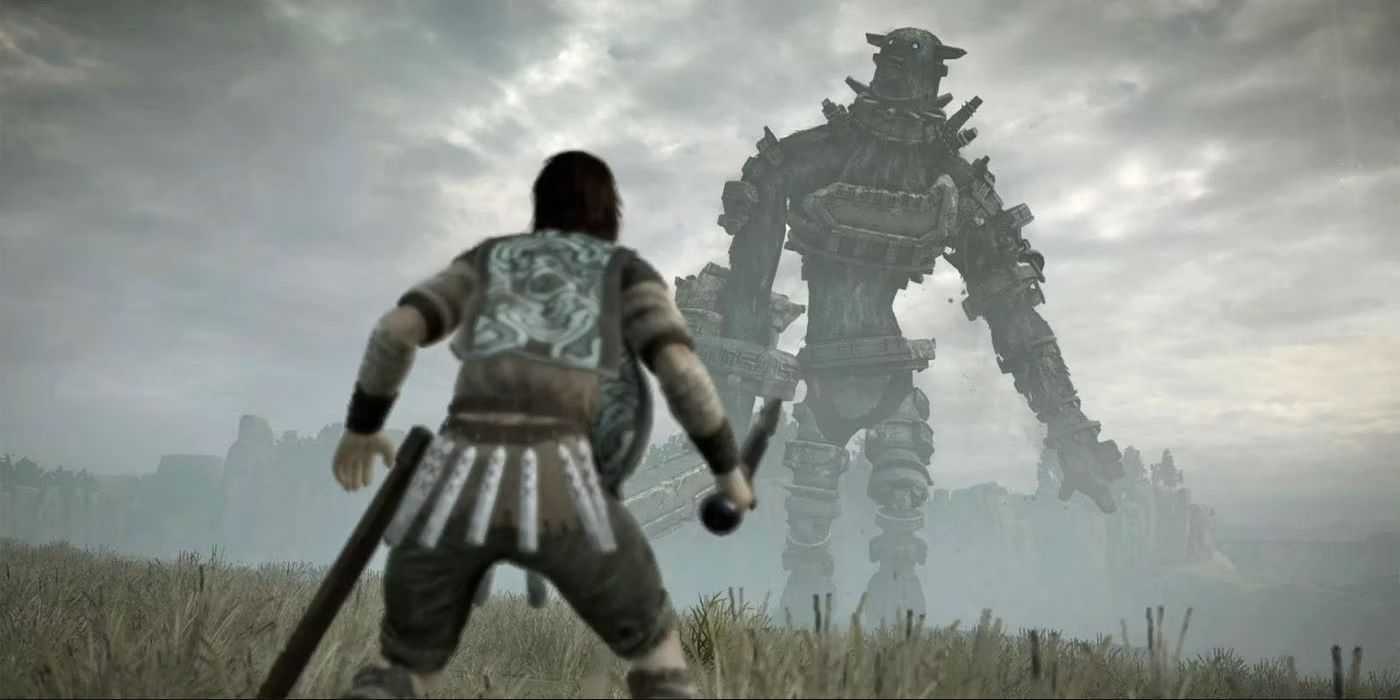 Passeie diante de um gigante que está sobre duas pernas em Shadow of the Colossus