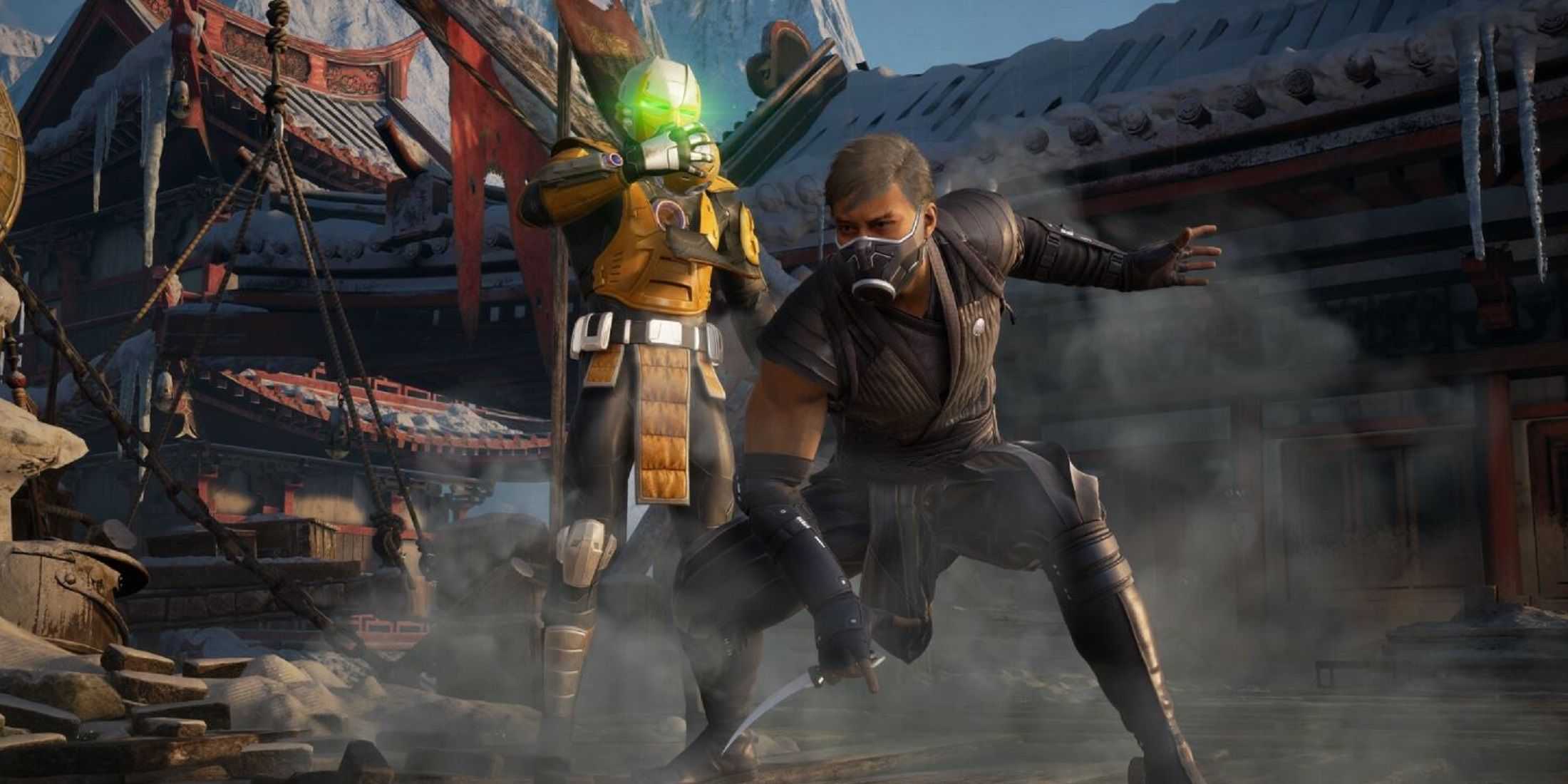 Scorpion stealthily prepares to strike as Cyrax powers up with a glowing green eye, setting the stage for a deadly encounter in the snowy arena.