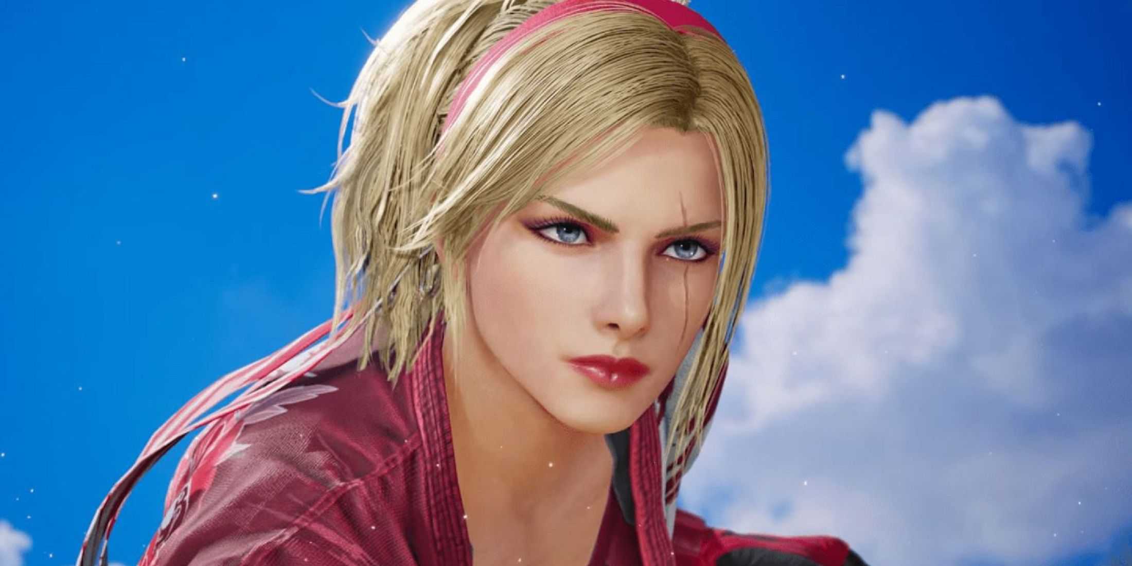 Lidia Sobieska from Tekken 8 gazes intensely forward, her blonde hair tied back with a red headband