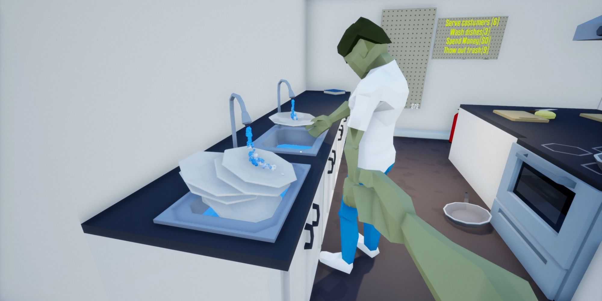 A player watching another player wash dishes in One-armed Cook