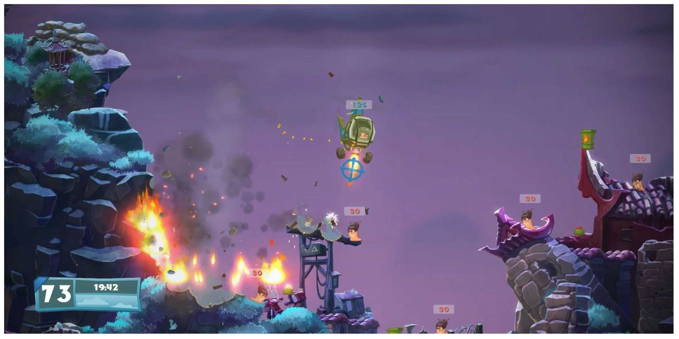 A Worms character flying over a gap in the map to attack the opposing team.