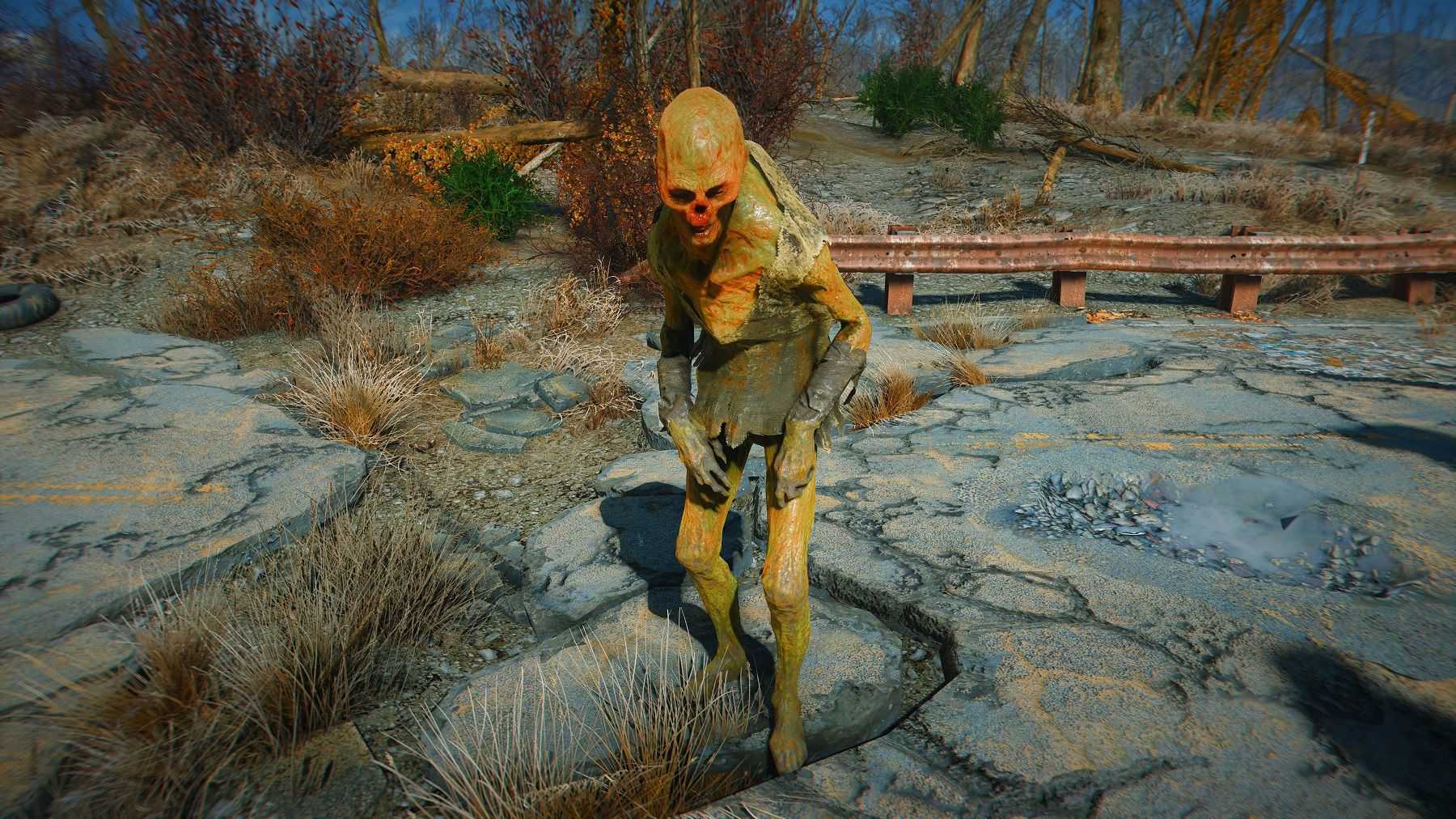 Image from Fallout 4 showing an enhanced and creepier looking feral ghoul in the street.