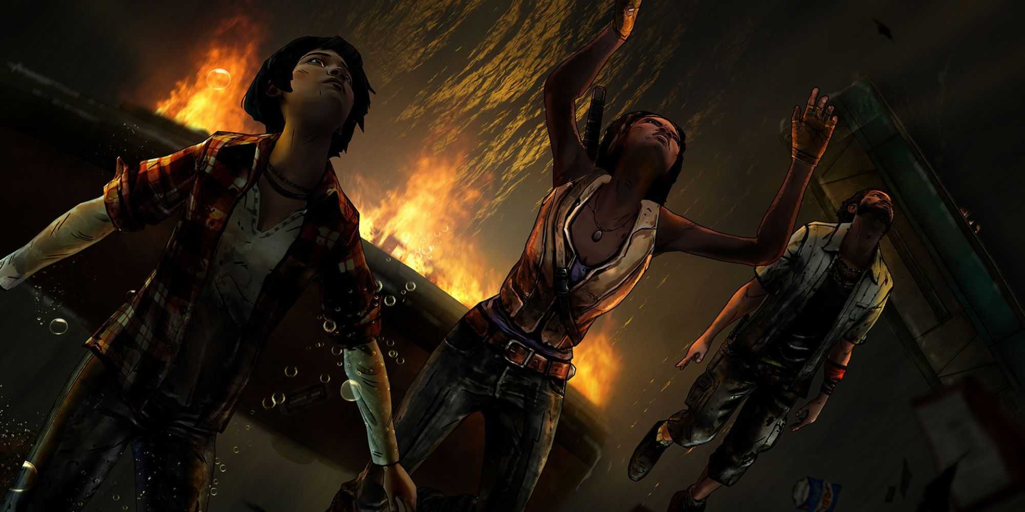 Three people looking up towards the sky in The Walking Dead: Michonne