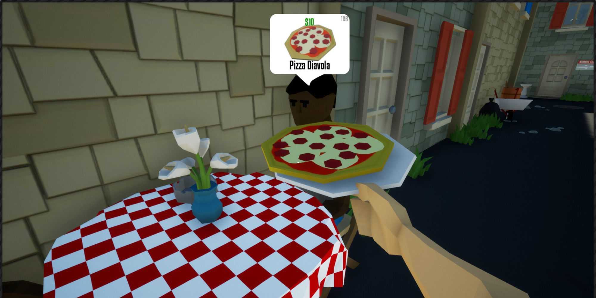 A player giving a customer a pizza in One-armed Cook