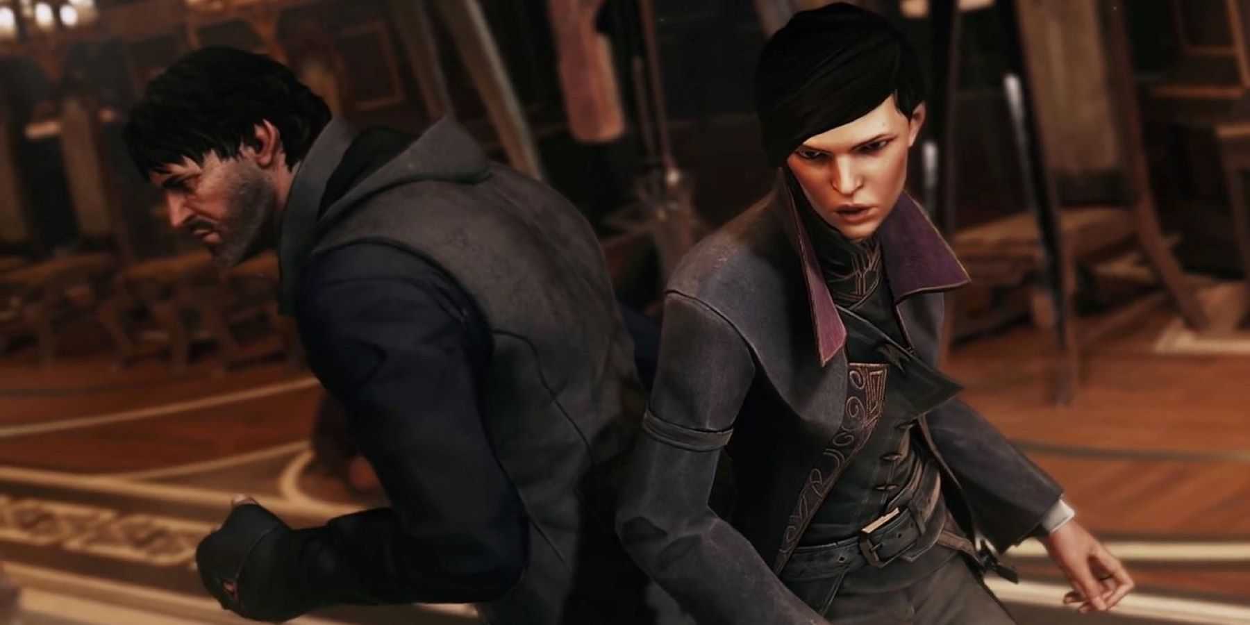 Corvo Attano e Emily Kaldwin consecutivamente em Dishonored 2