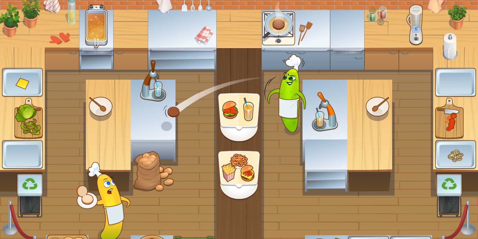 Two players playing catch with a beef burger in Let’s Cook Together