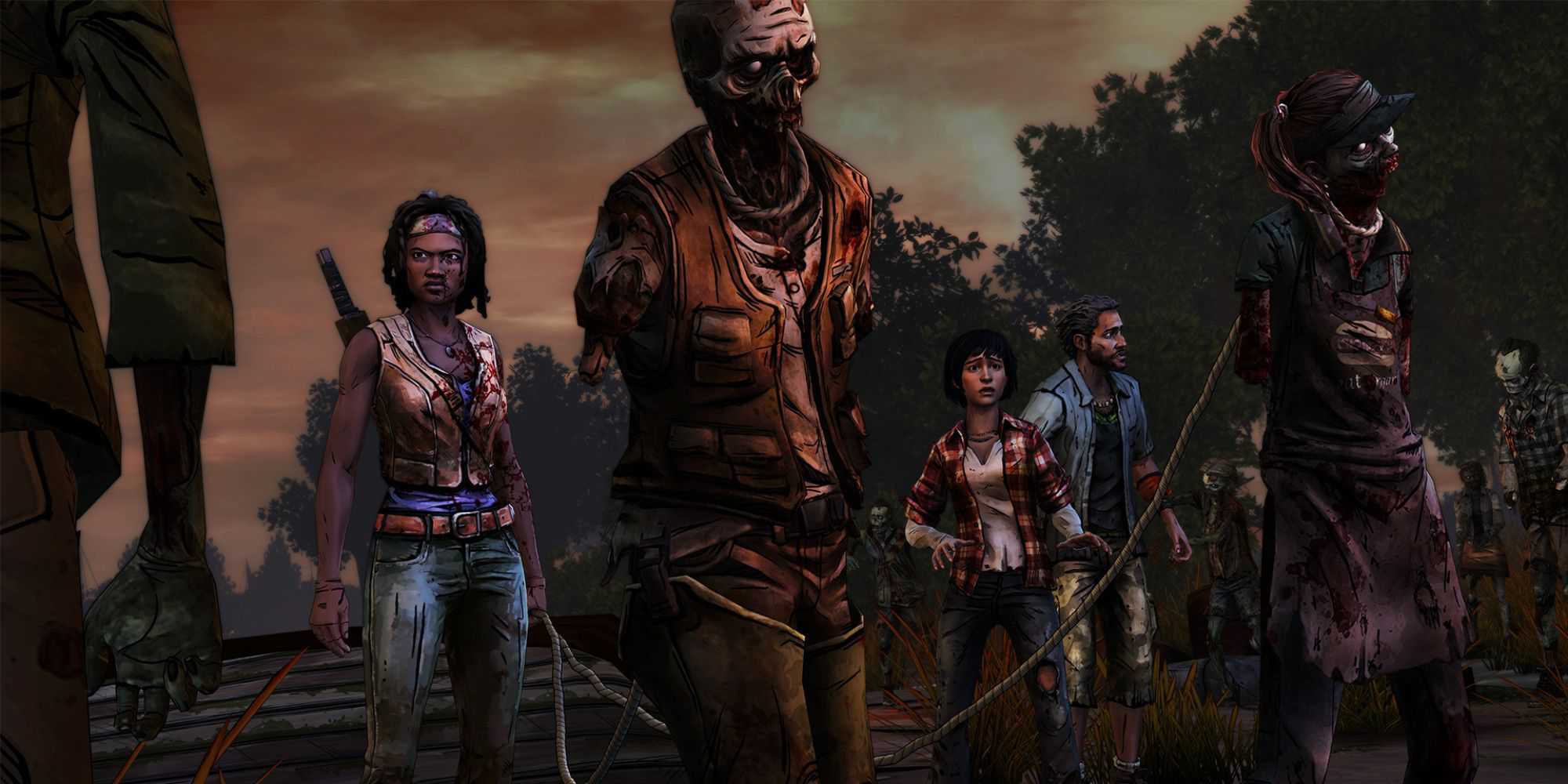 Michonne with her chained zombies in The Walking Dead: Michonne