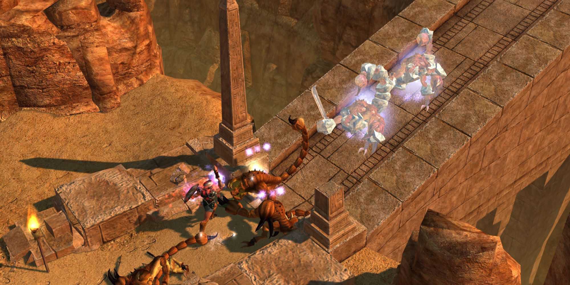 Um jogador atacando monstros em Titan Quest