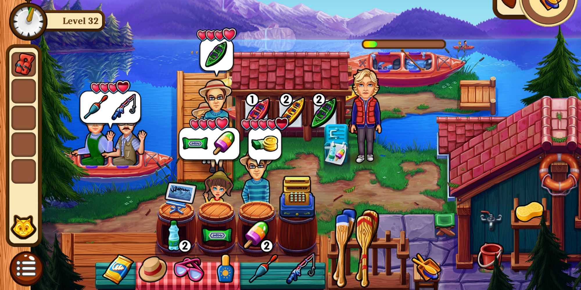 Player serving customers next to a lake in Welcome to Primrose Lake