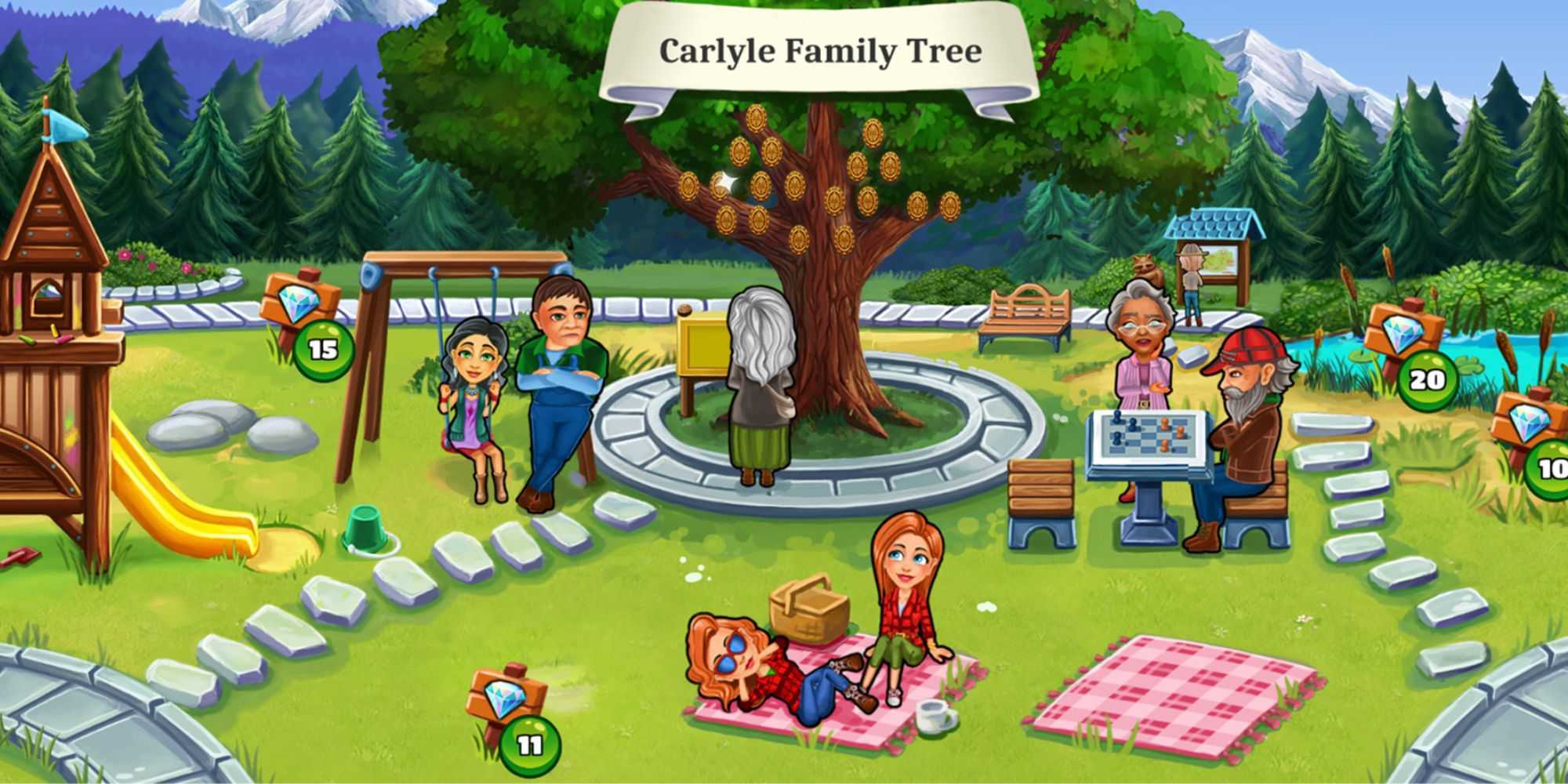 A park showing the Carlyle family Tree in Welcome to Primrose Lake