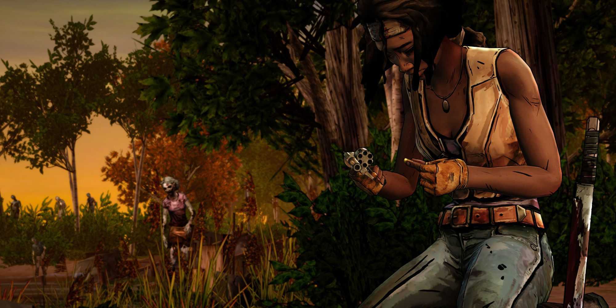 Michonne holding something in The Walking Dead: Michonne