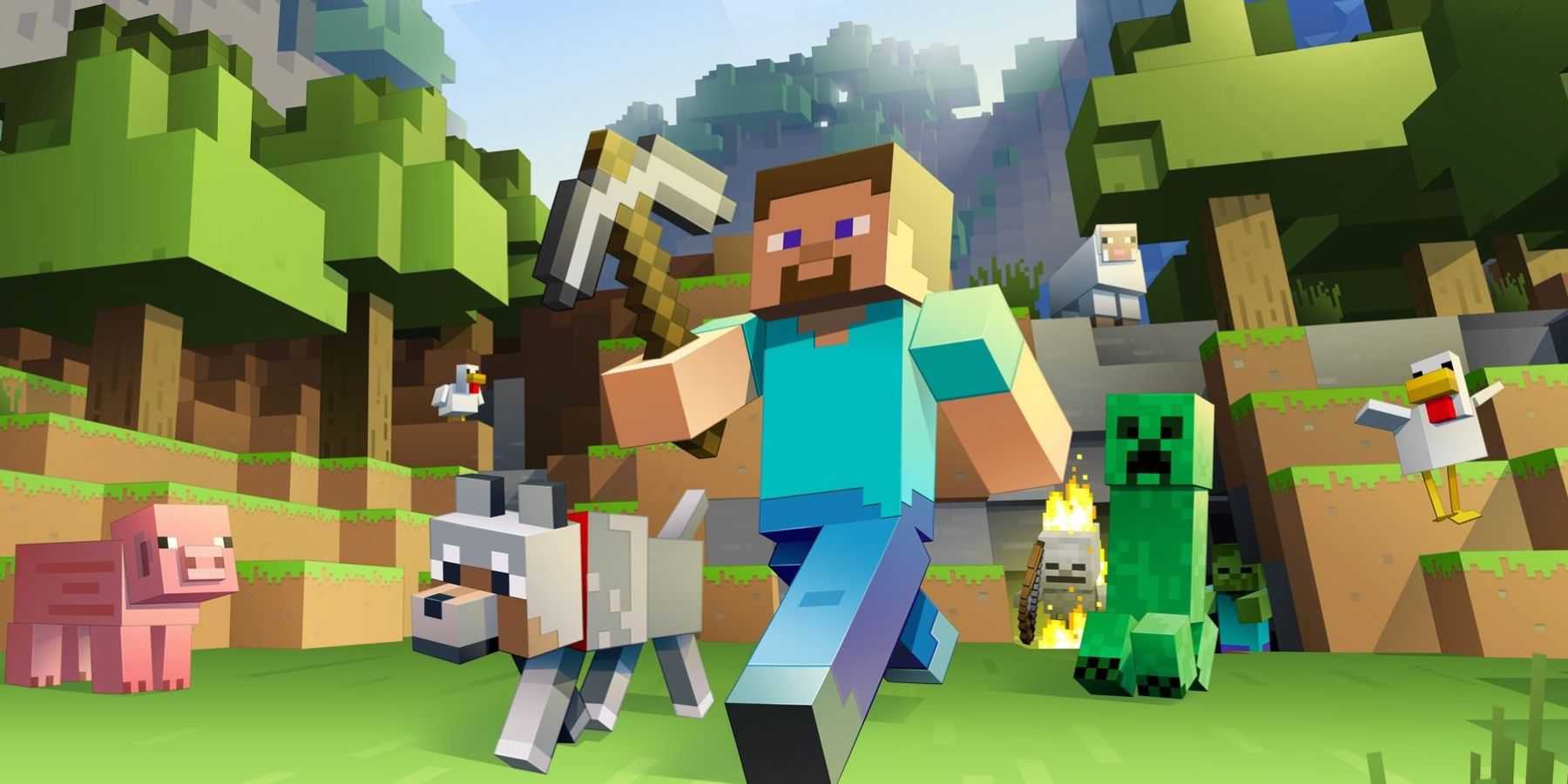 Steve e um cachorro sendo perseguidos por um Creeper no Minecraft