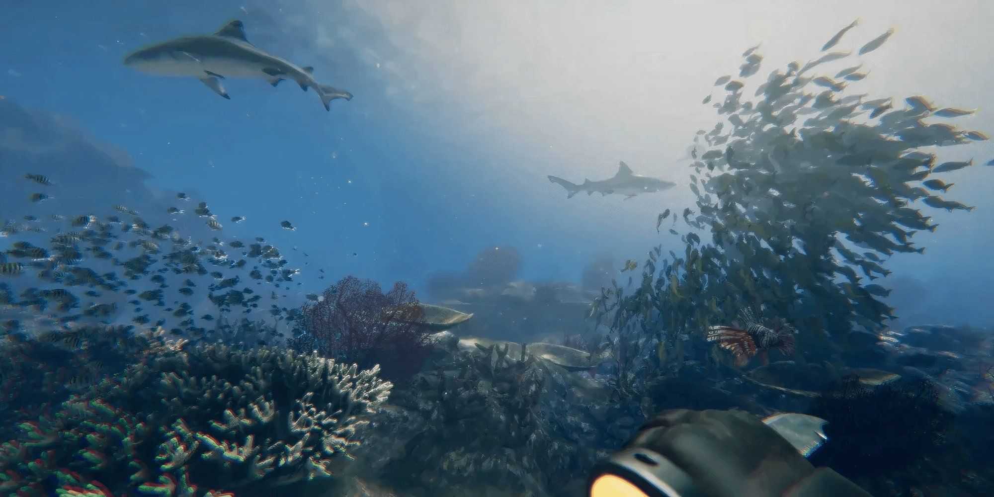 Traversing the ocean in Death In The Water 2, looking at sharks and fish