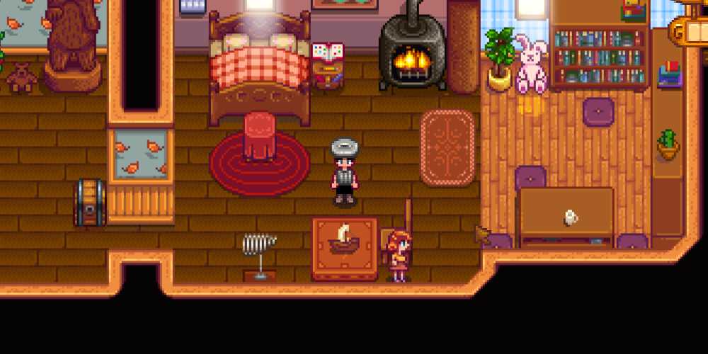 Personagem de Stardew Valley usando chapéu e camisa de lata de lixo no quarto