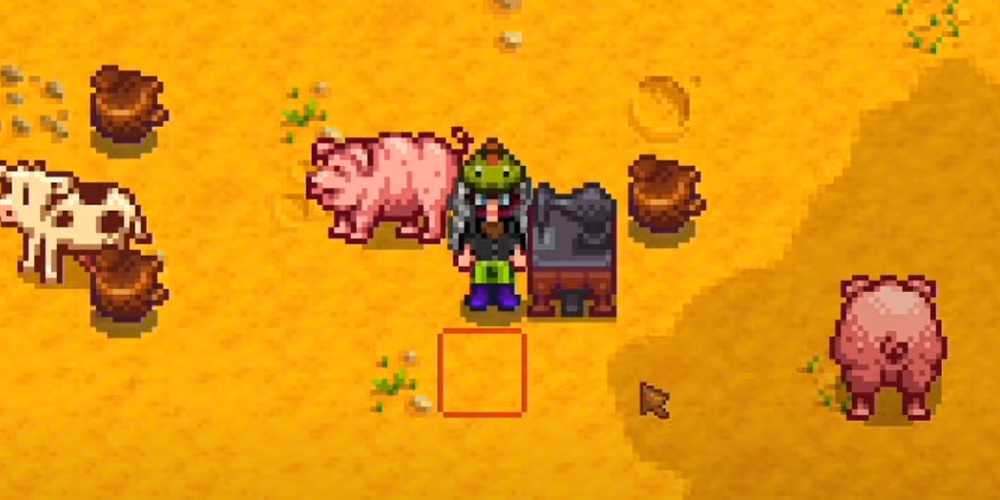 Personagem de Stardew Valley vestindo uma camisa bandana escura e um chapéu de dinossauro no meio do campo