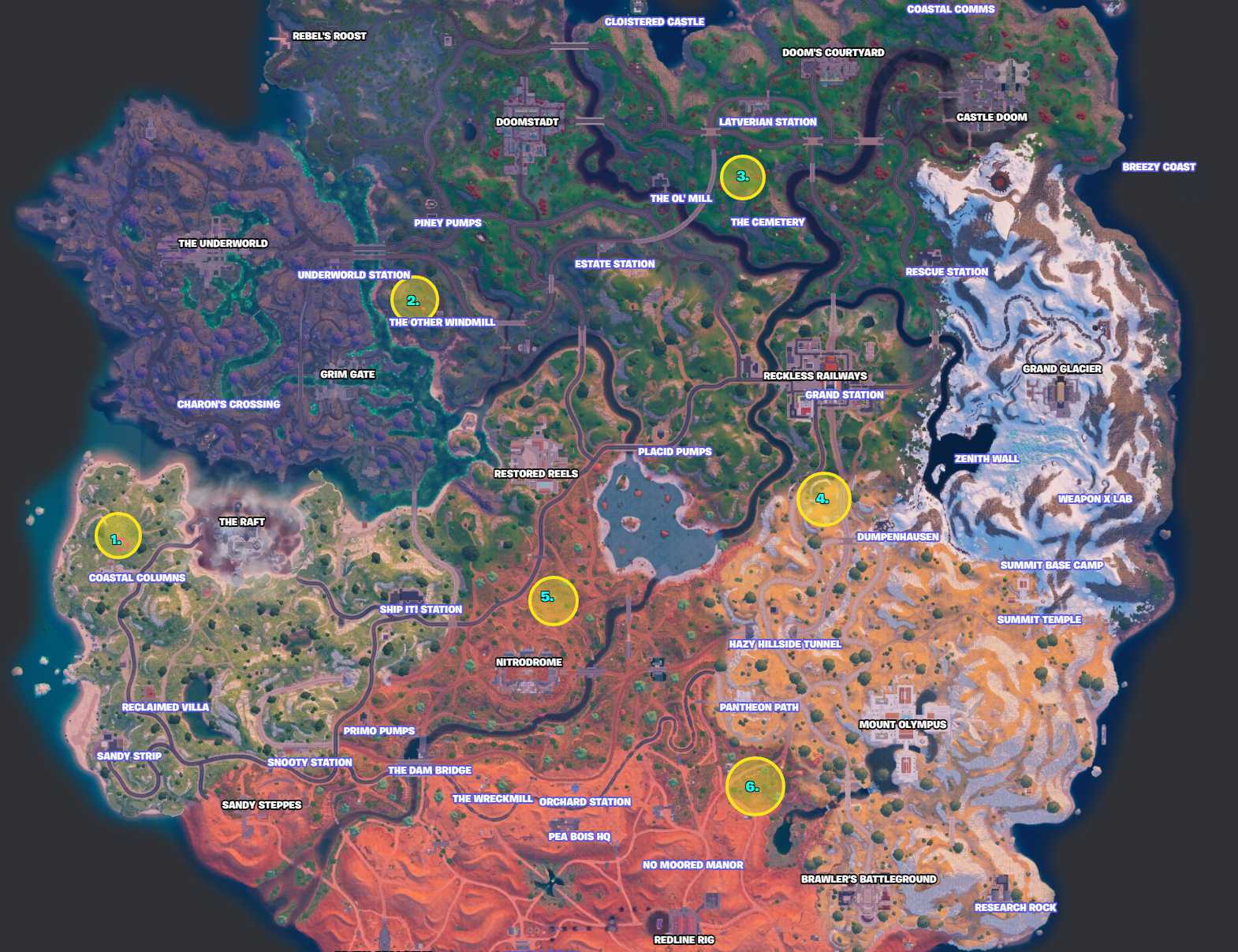 mapa do capítulo 5 da temporada 4 do fortnite com localizações do arsenal stark