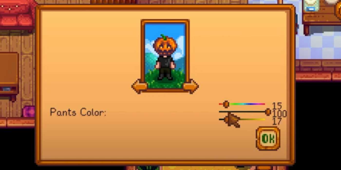 Personagem de Stardew Valley usando máscara de abóbora