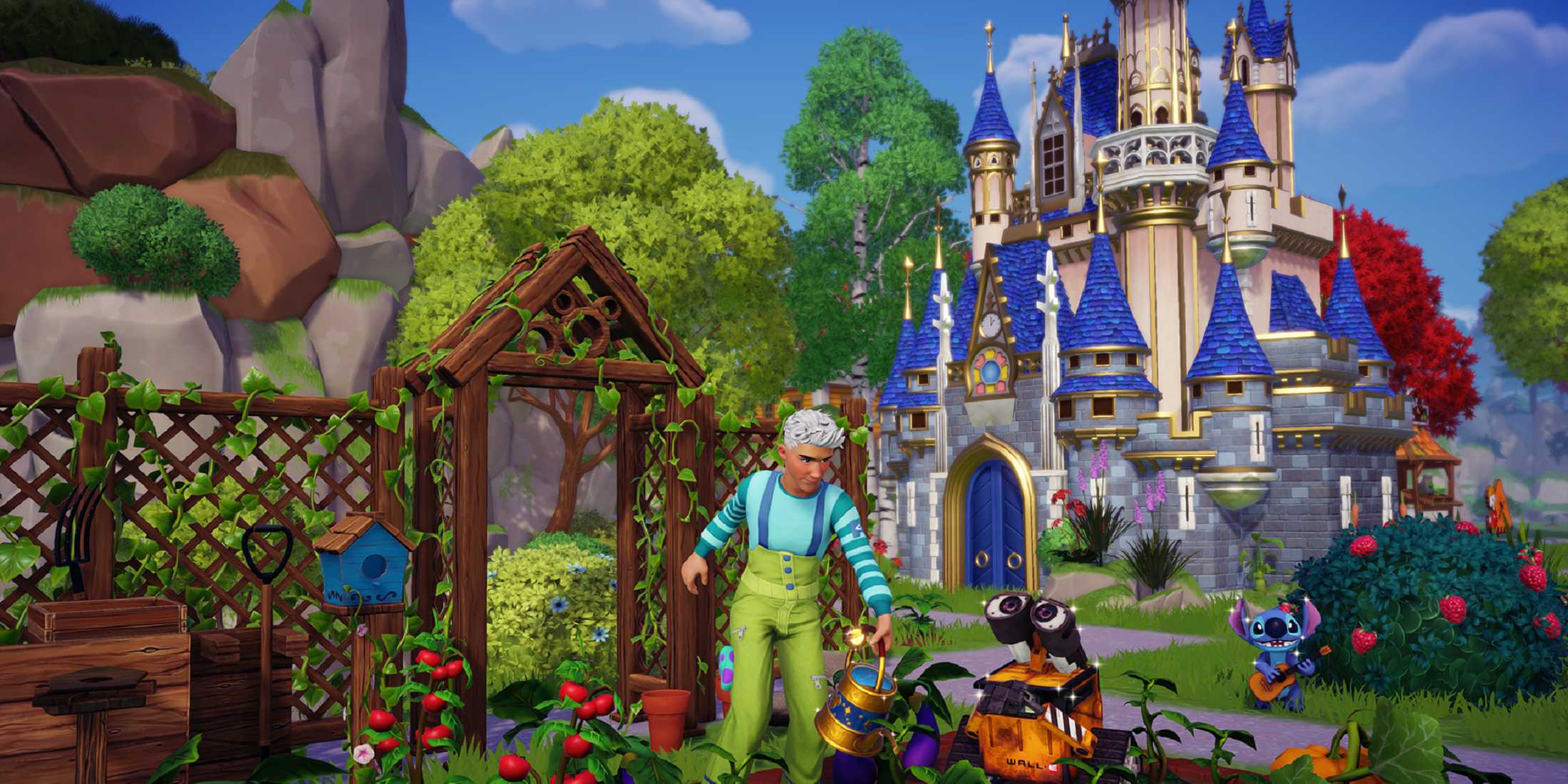 A character from Disney Dreamlight Valley is gardening alongside WALL-E, with Stitch playing a guitar