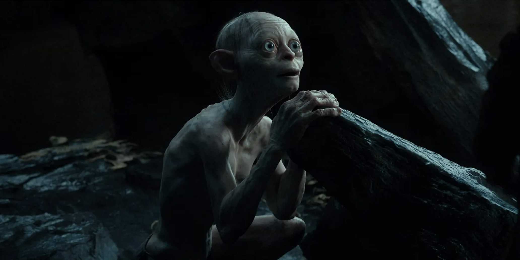 Gollum leaning on a rock with eyes wide from The Hobbit