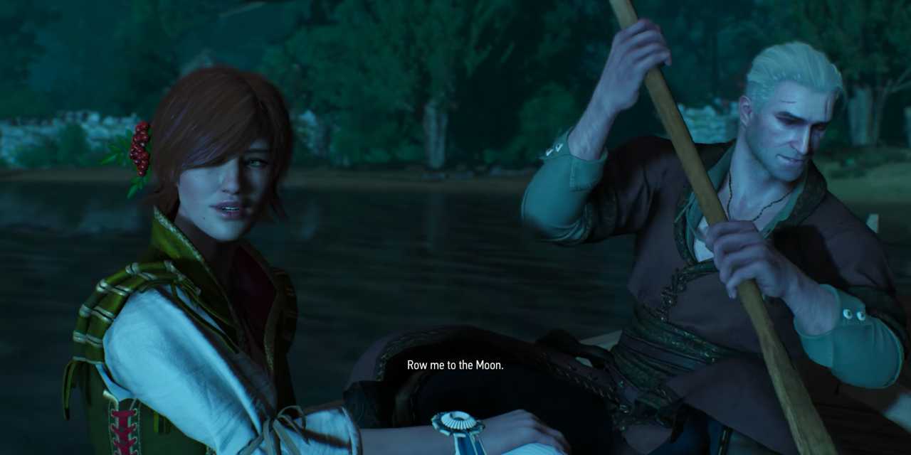 Shani e Geralt no barco em The Witcher 3 - Expansão Hearts of Stone