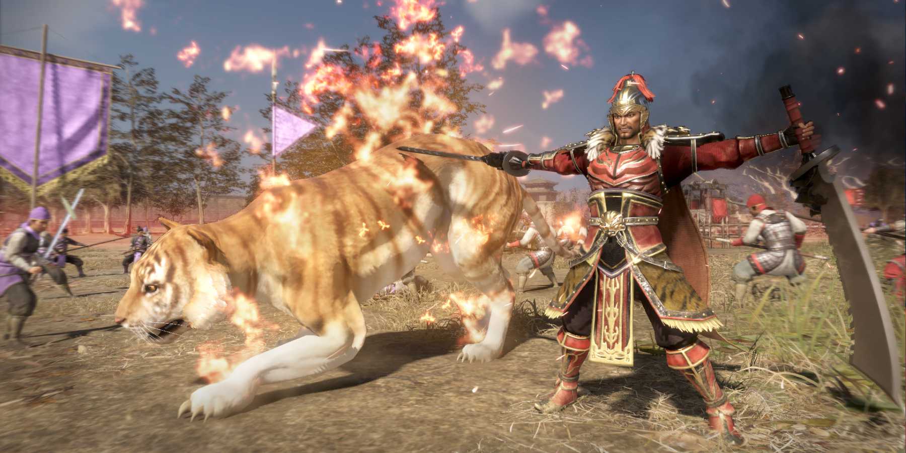 Personagem se prepara para batalha ao lado de um tigre em Dynasty Warriors