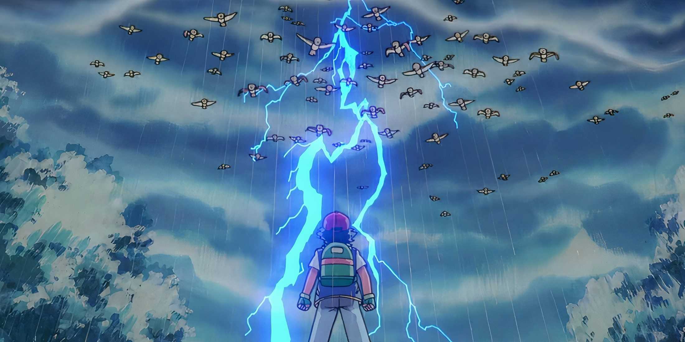 Ash estava em frente a um bando de Spearows em uma tempestade de raios.