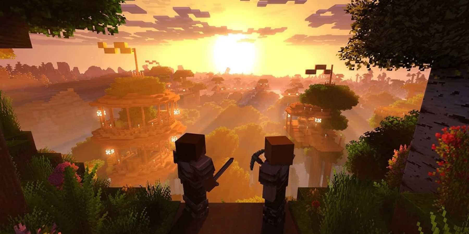 Two characters watching a sunset in Minecraft