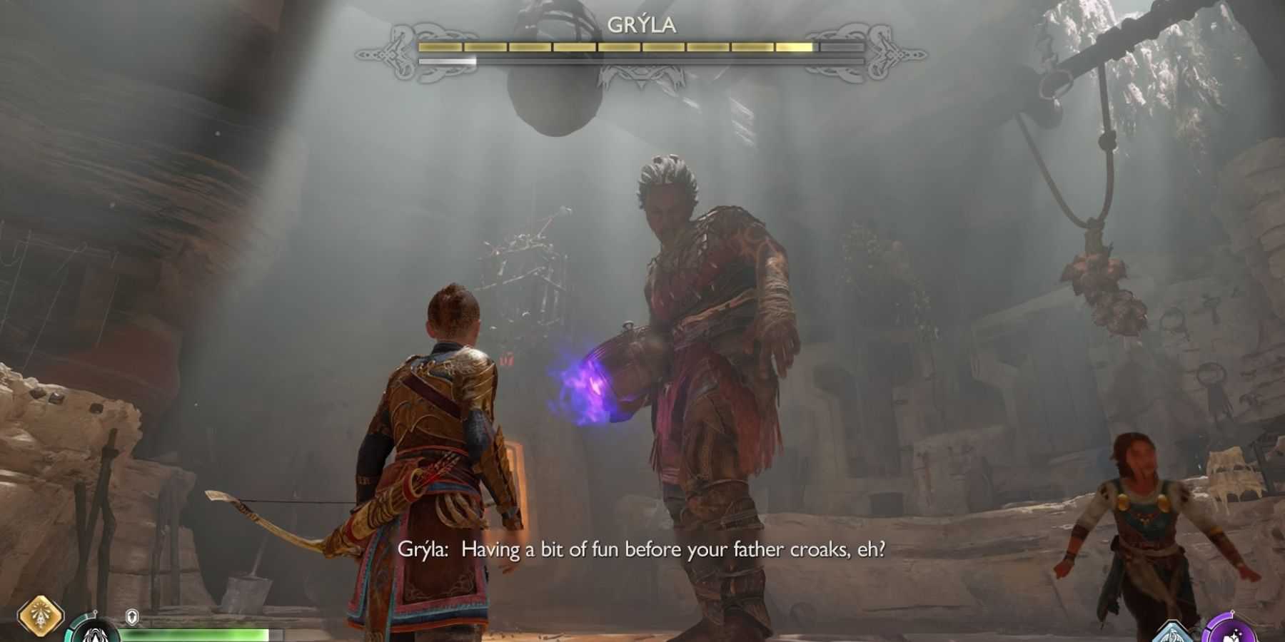 Atreus se prepara para lutar contra Gryla em God of War Ragnarok