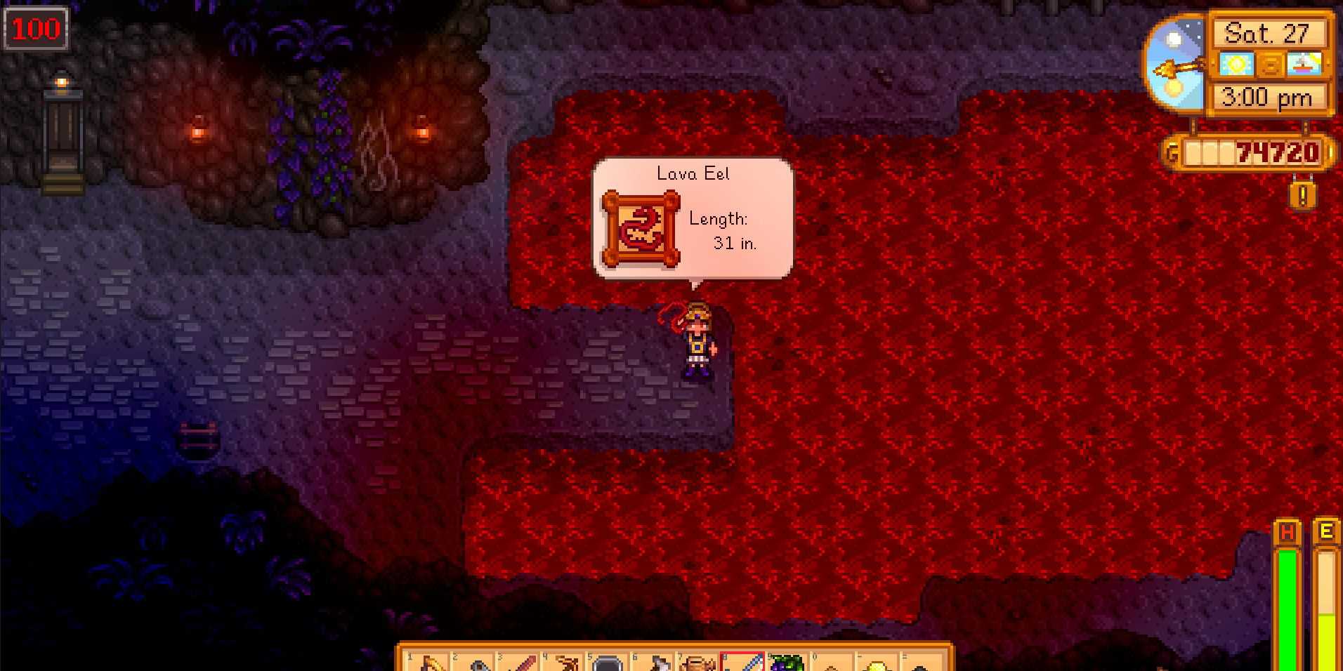 Imagem de um personagem capturando uma enguia de lava no nível 100 das Minas em Stardew Valley