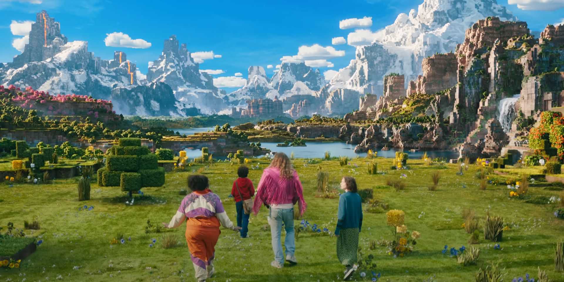 A screenshot from the Minecraft Movie teaser showing the characters exploring the Overworld