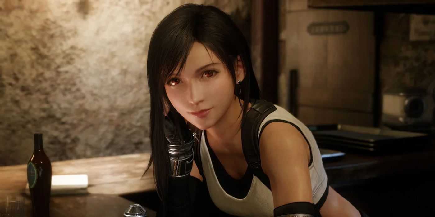 Tifa Lockhart leans over a bar in Final Fantasy 7 Remake Part One.